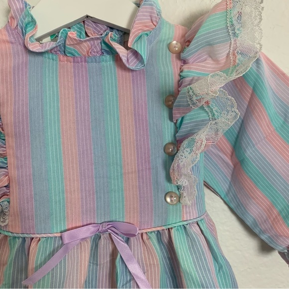 Vintage Toddler Girl Rainbow Stripe Dress 2T Lace Buttons Ribbon Kawaii Bow Cute - Picture 13 of 15
